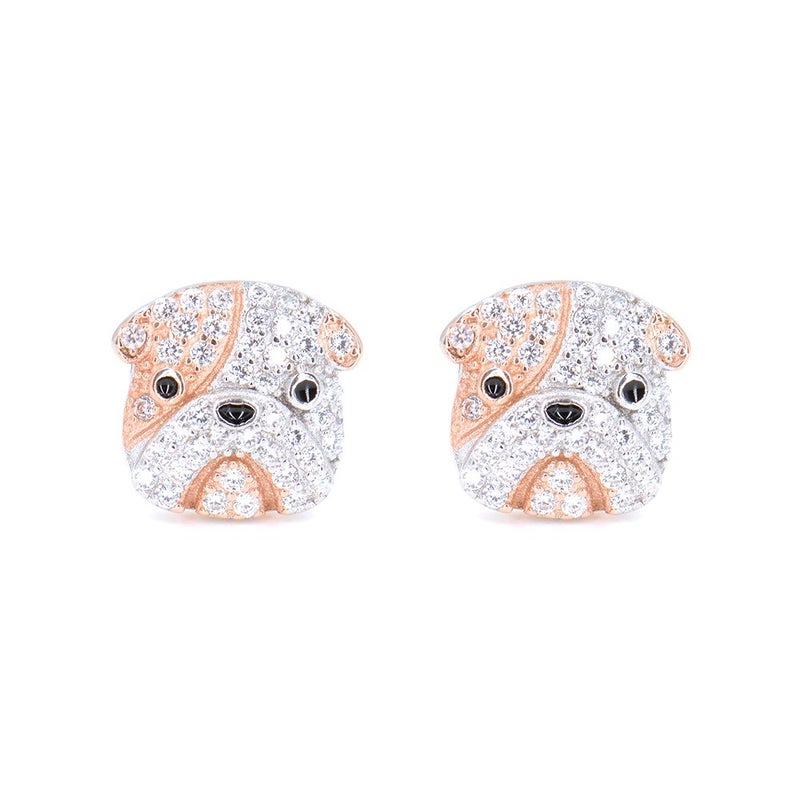 espere Rhodium Plated Sterling Silver Bulldog Stud Earrings CZ Studs for Women Girls - Image 1